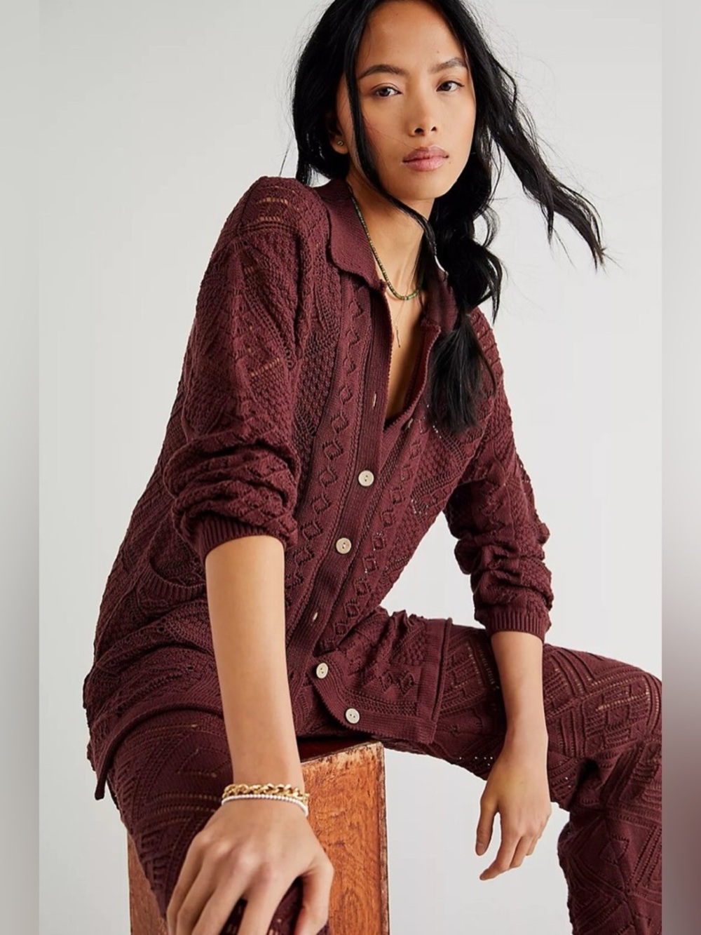 Free People FP Beach Burgundy Knit Button Cardigan Boho Oversized Cozy S